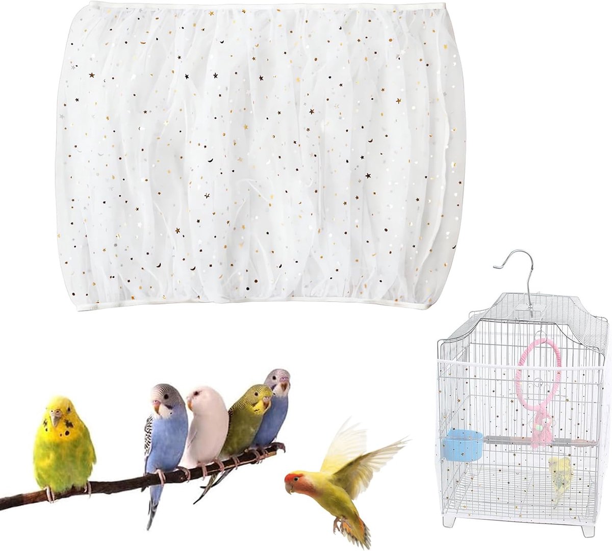 Verstelbaar Vogelkooi Net - Bescherming voor Vogelkooi, Nylon, Geventileerd, Zadenopvang, Uitbreidbaar voor Vierkante en Ronde Cages (Circulatie 150 cm tot 220 cm) Wit