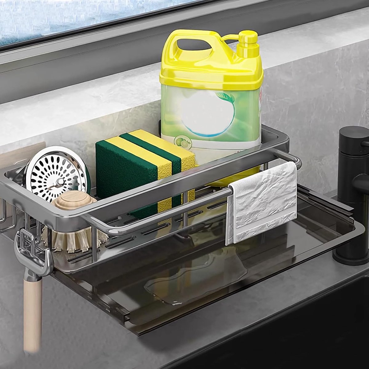 Gootsteenorganizer - hangend - grijs - gootsteenorganizer met afvoerpan - keukensponshouder met spoeldoekhouder - twee haken - afdruiprek - servies - metalen hangende gootsteen voor keuken