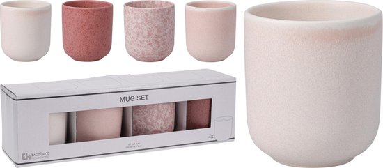 Set van 4 mokken in zachtroze, roze met spikkels, oudroze en crèmekleurig. De mokken hebben een korrelige textuur.