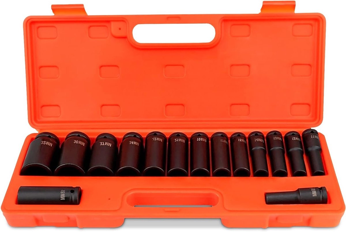 Complete 15-delige 1/2 inch impact socket set voor het losdraaien van schroeven, inclusief 12.5 mm en maten van 10-32 mm, ideaal voor professioneel gebruik en doe-het-zelf projecten