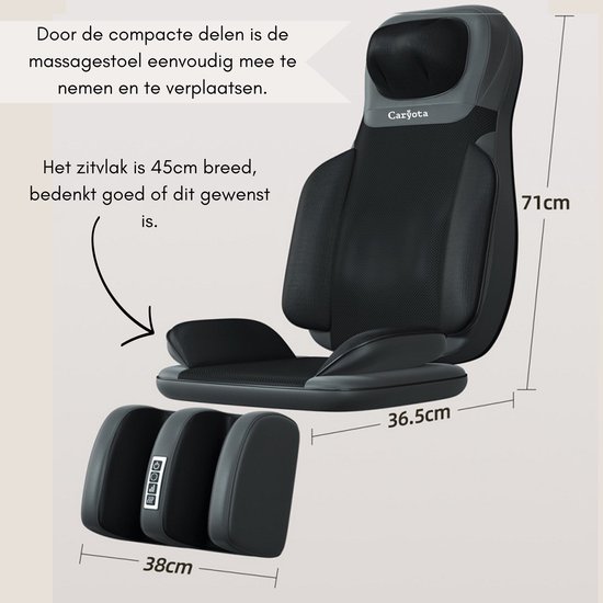 Zwarte en grijze massagestoel, 71cm hoog, 36.5cm breed, met los beenmassage-apparaat van 38cm breed.