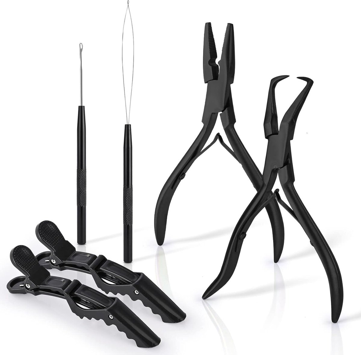 Hair Extension Set met 2 Professionele Haarclips - Pull Needle - Pull Loop Tools - 2 Krokodillenclips - Ideaal voor Haarextensions en Veertjes (Zwart)