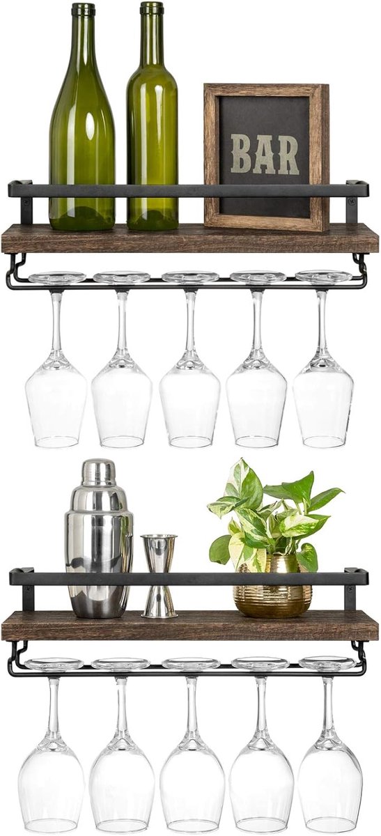 Wall Mounted Wine Shelves Set of 2 - Wooden Rustic Wine Bottle Glass Floating Racks - Glassware Hanger - Modern Plants Pictures Display - Storage Holder for Kitchen Dining Bar