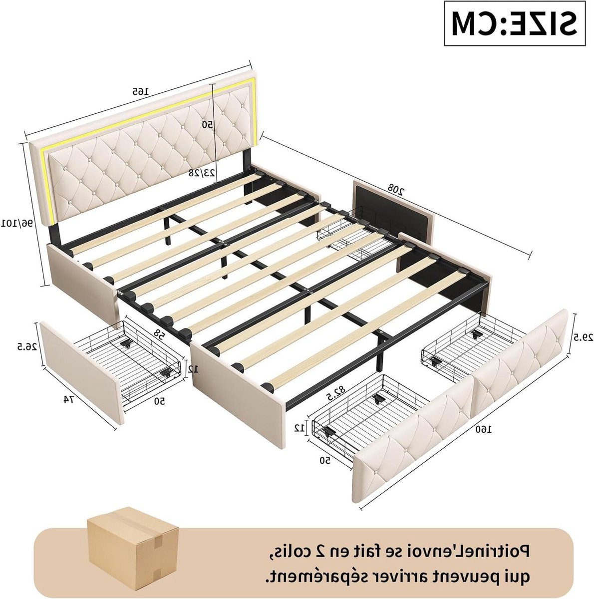 Tweepersoonsbed - Bed met opbergruimte - Moderne slaapkamer inrichting - Geïntegreerd LED hoofdeinde - 160 x 200 cm - Wit