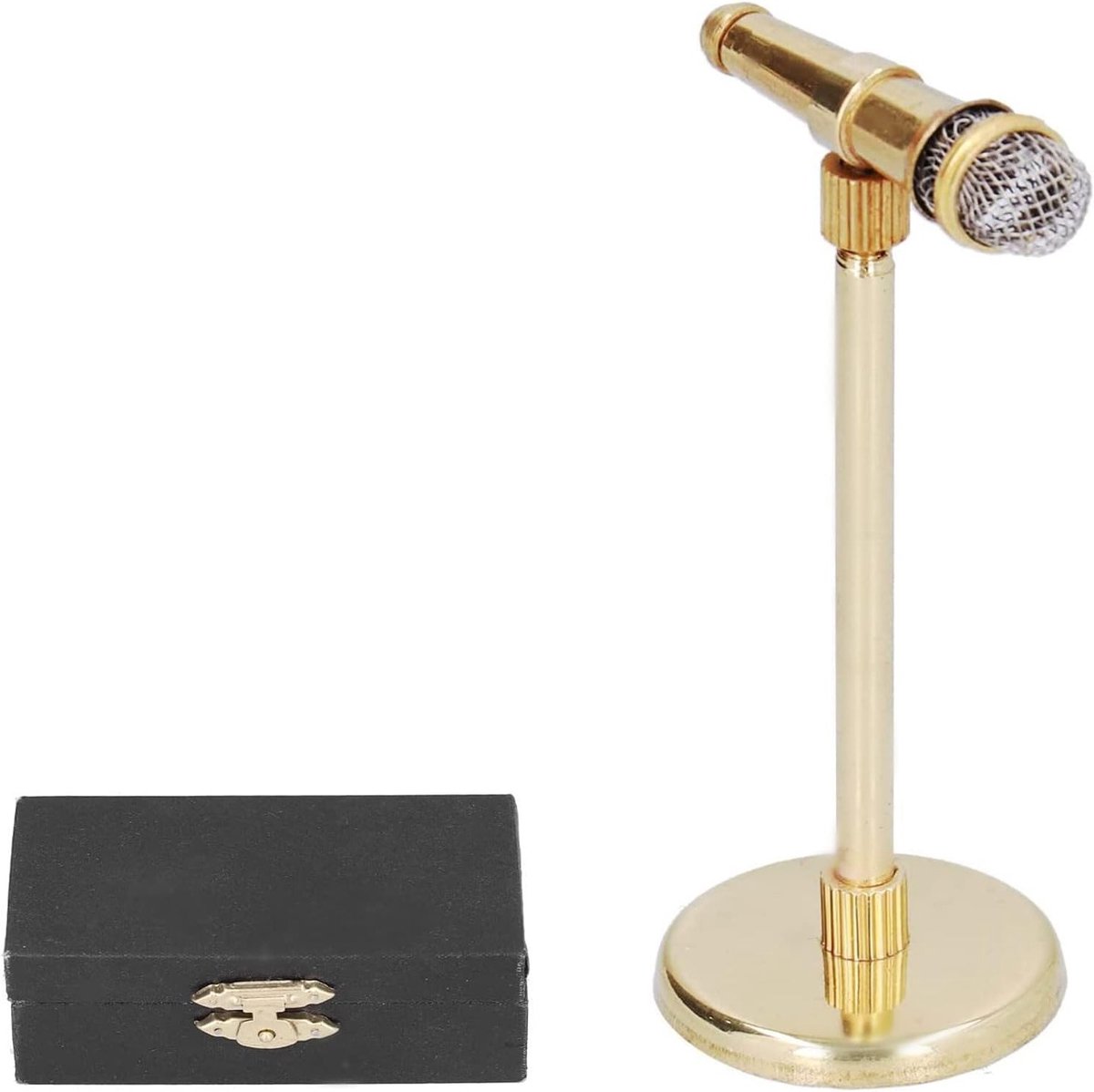 Miniatuur Microfoon met Gouden Stand - 8cm Muzikaal Instrument voor Thuisdecoratie en Verzamelobjecten