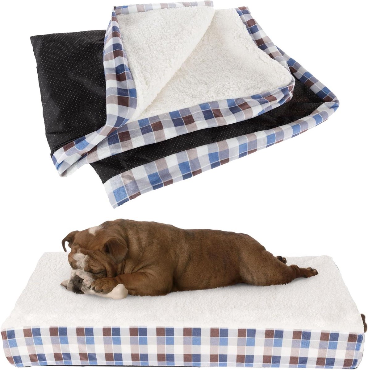 Hondenmand Vervanghoes - Hondenkleedhoes Hondendeken - Hondencomfort Vergroten - Anti-slip Bodem Sherpa Top - Medium 76-79 cm - Bruin Blauw Geruit