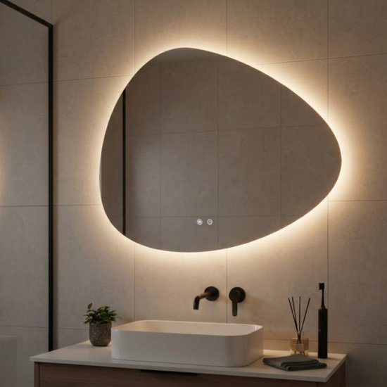 Organische spiegel met rondom LED verlichting, hangend boven een wastafel.
