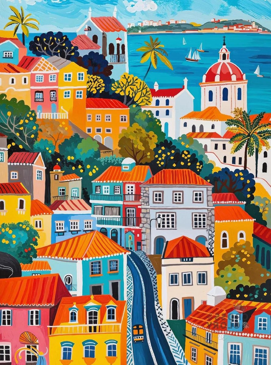 Legpuzzel Lissabon - Stadsgezicht Puzzel - Ontspannen Tijdverdrijf - Volkskunststijl - 1000 stukjes - Kleurrijk