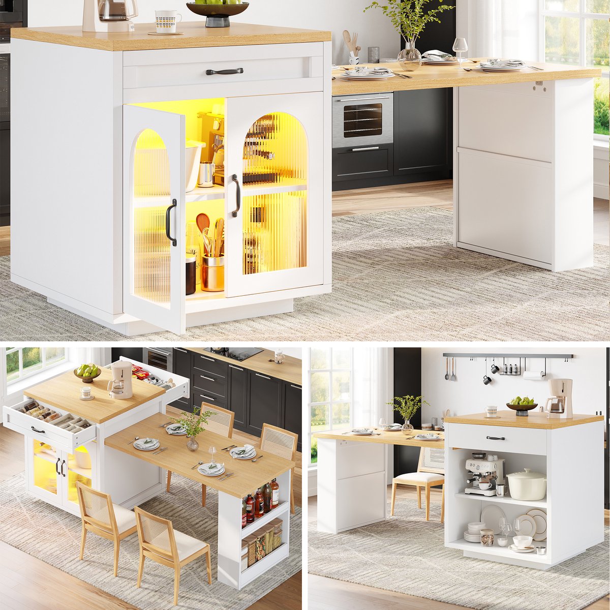 MODENUIT Keukeneiland - Uitschuifbaar Blad Met Led En Opbergruimte - Voor Keuken En Eethoek - MDF - Wit - 126-196 Cm