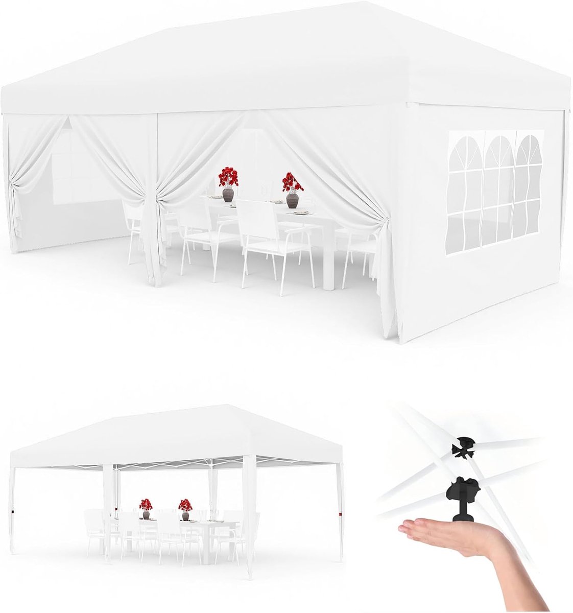 Opvouwbare 3x6m Partytent met 6 Zijwanden – Waterdicht & UV50+, in 3 Hoogtes Verstelbaar – Verstelbare Pop-up Luifel 420D Oxford met Draagtas – Wit