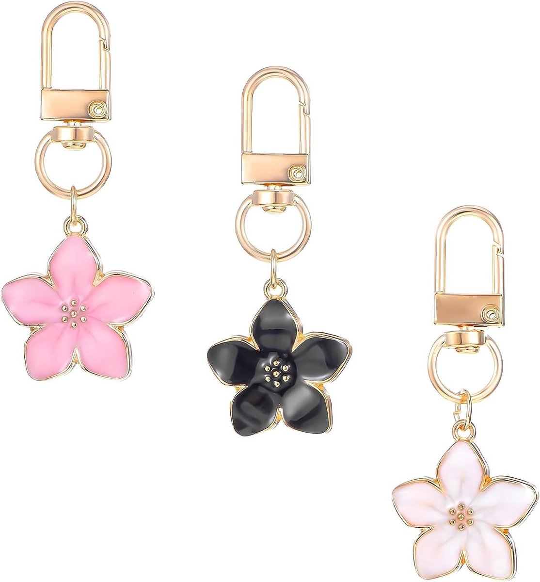 Aesthetic Bloem Sleutelhanger Set van 3 - Schattige Kleine Hangertjes voor Handtas en Dameshandtas met Charms in Roze, Zwart en Wit