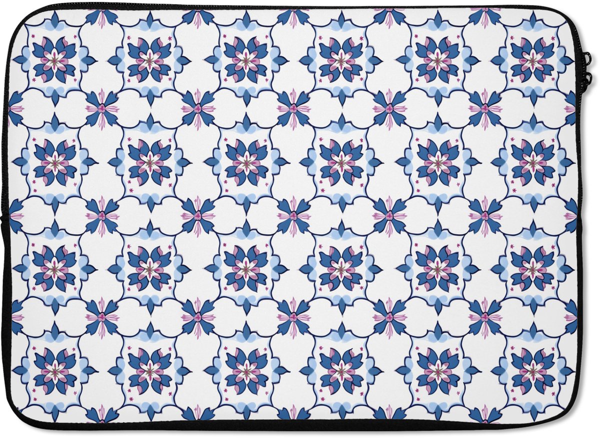 Laptophoes 14 inch - Modern - Patroon - Blauw - Roze - Laptop sleeve - Binnenmaat 33x23 cm - Zwarte achterkant