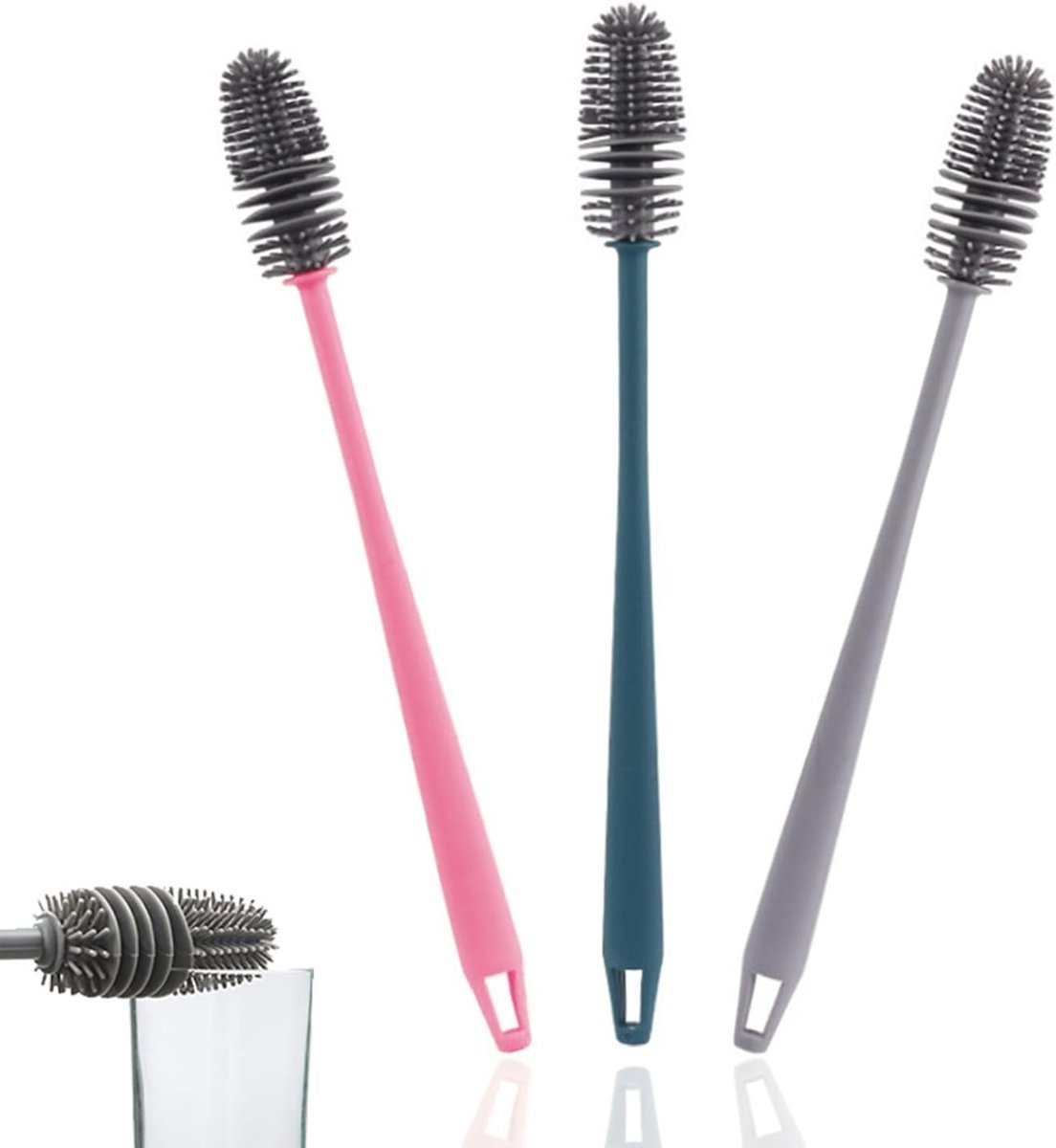 Set van 3 Silicone Flessenborstels met Lange Handgreep voor Effectieve Reiniging van Flessen en Glazen