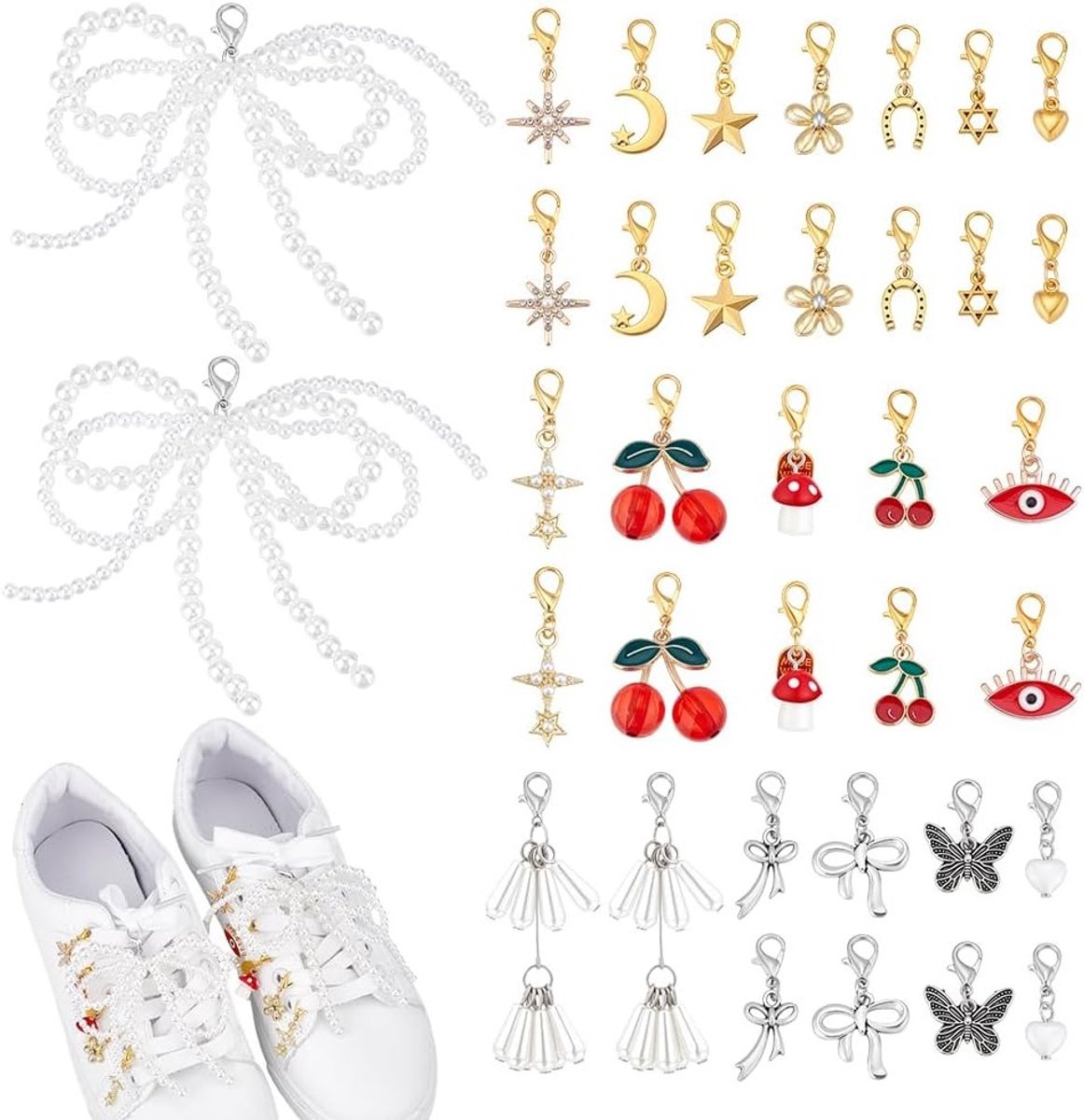 36 Stuks 18 Stijlen Schoen Charms Sneaker Pins Laces Hangers Kralen Strik Accessoires voor DIY Schoenen en Sieraden Maken