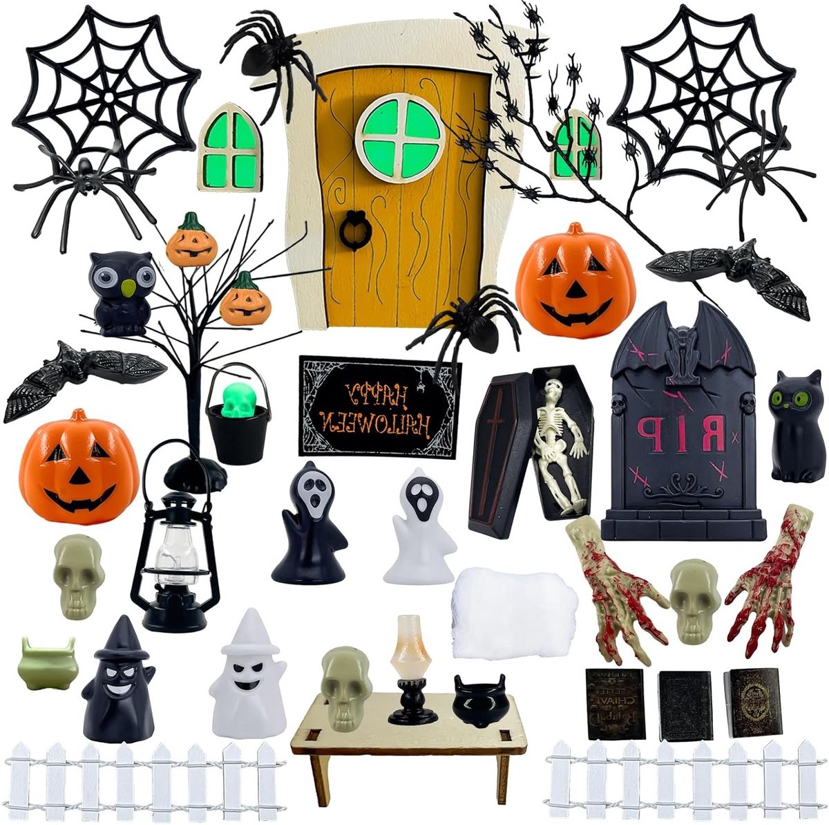 43-delige Halloween Poppenhuis Decoratie, Miniatuuraccessoires met Spinnen, Vleermuizen en Skeletten voor een Griezellige Halloween Feestdecoratie