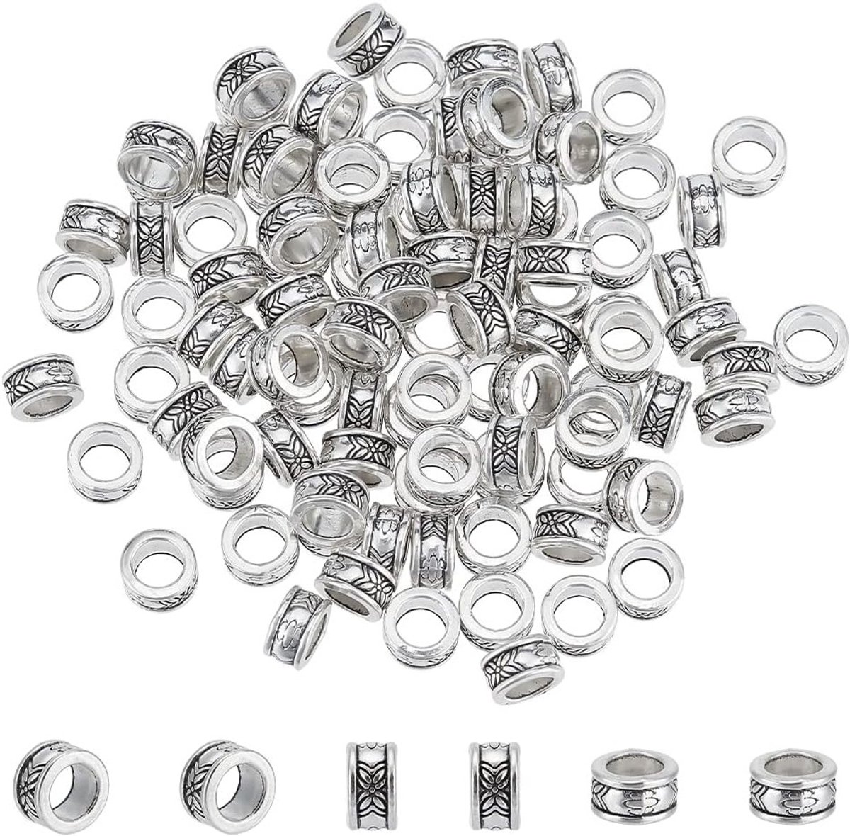 100 Stuks Rondelle Spacer Kralen in Tibetaanse Legering - Antiek Zilver, Grote Gat Spacers voor Armbanden en Kettingen, 8mm, Gat: 5mm, Perfect voor DIY Sieraden Maken