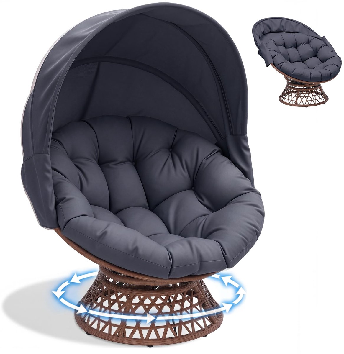 COMHOMA - Papasan Stoel van Rattan - Draaibaar voor Tuin met Kussen - Grijs
