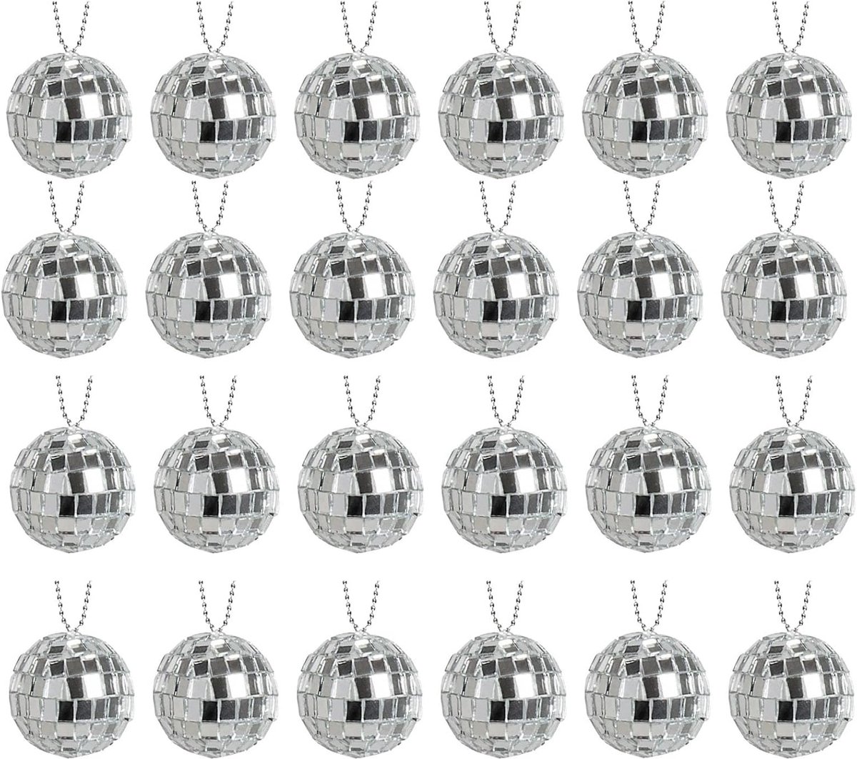 Discobal ø 3cm - 24 Stuks - Discobol - Spiegelbol - Met Touwtje - Klein Kerstballen - Disco Bal Bol - Kinderkamer - Feestje Discolamp Decoratie - Space Planeet Festival - Geschikt Voor Dj, Club, Kerstmis, Valentijnsdag En Andere Gelegenheden - Zilver