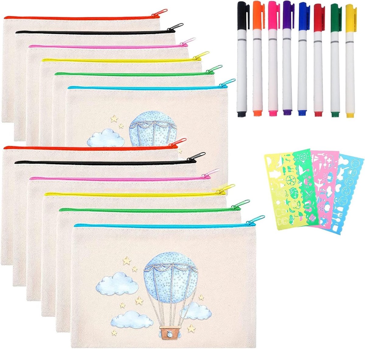 DIY Lege Stofzakken voor Cosmetica, Kleine Stofpouches met Rits, Creatief Schilderen voor Kinderen met 4 Mallen en 8 Kleurpotloden