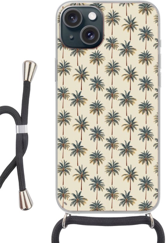Telefoonhoesje Geschikt voor iPhone 15 - Palmbomen - Tropisch - Groen - Siliconen - Crossbody - Backcover met Koord - Telefoonhoesje met koord - Hoesje met touw Telefoonhoesje