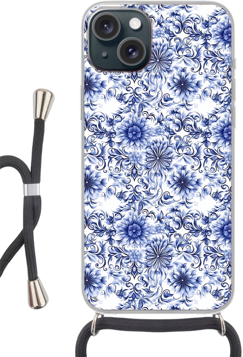 Telefoonhoesje Geschikt voor iPhone 15 - Bloemen - Blauw - Patroon - Wit - Siliconen - Crossbody - Backcover met Koord - Telefoonhoesje met koord - Hoesje met touw Telefoonhoesje