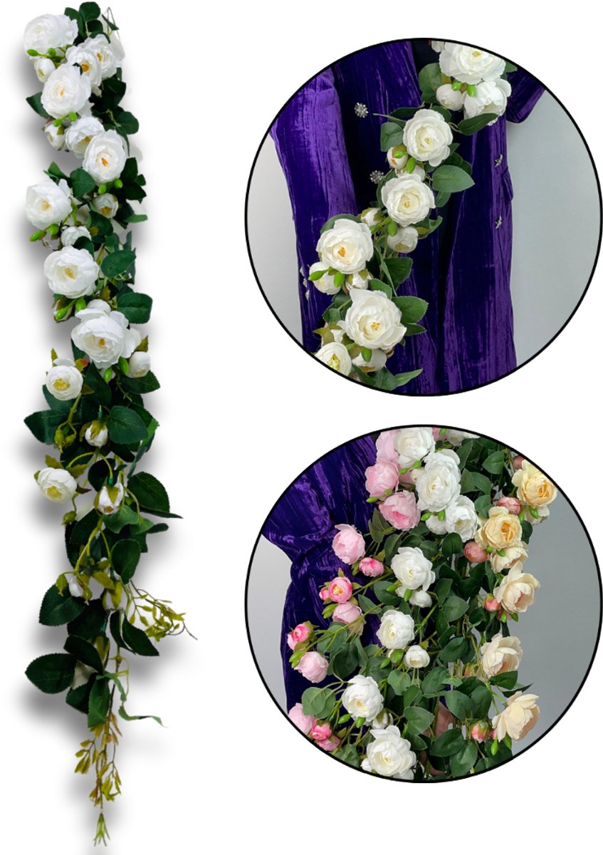 Inspiruj Kunstbloem Girlande - Tuinroos - 125 cm - Wit