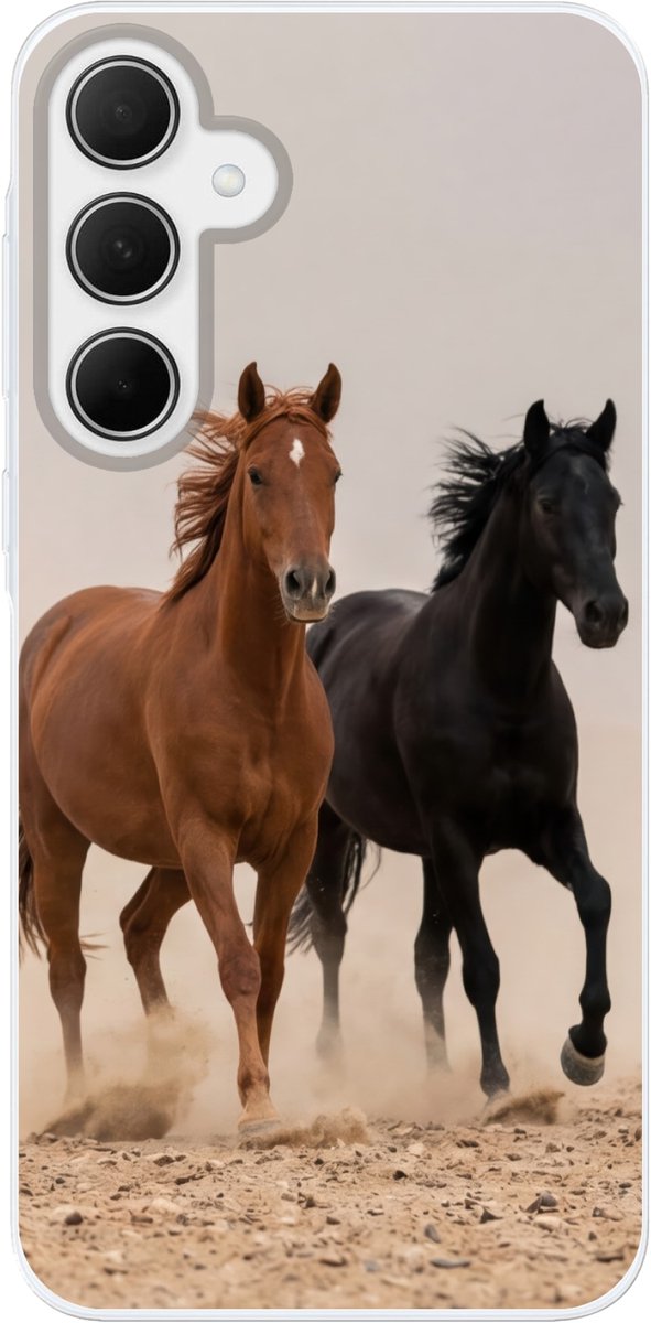 Telefoonhoesje Geschikt voor Samsung Galaxy A35 hoesje - Kudde paarden - Stofwolk - Bruin - Zwart - Siliconen Telefoonhoesje Telefoonhoesje