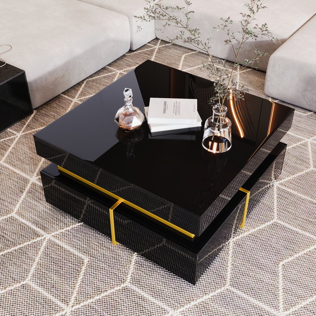 MIVRAY Salontafel - Hoogglans Met 2 Lades En Gouden Details - Spaanplaat - Zwart