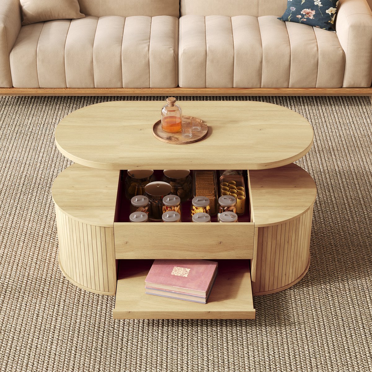 MIVRAY Salontafel - In Hoogte Verstelbaar Met Opklapbaar Blad En Uitschuifbare Onderplank - Voor Wonen En Werken - 110x55,5x40 cm - MDF - Natuurlijk