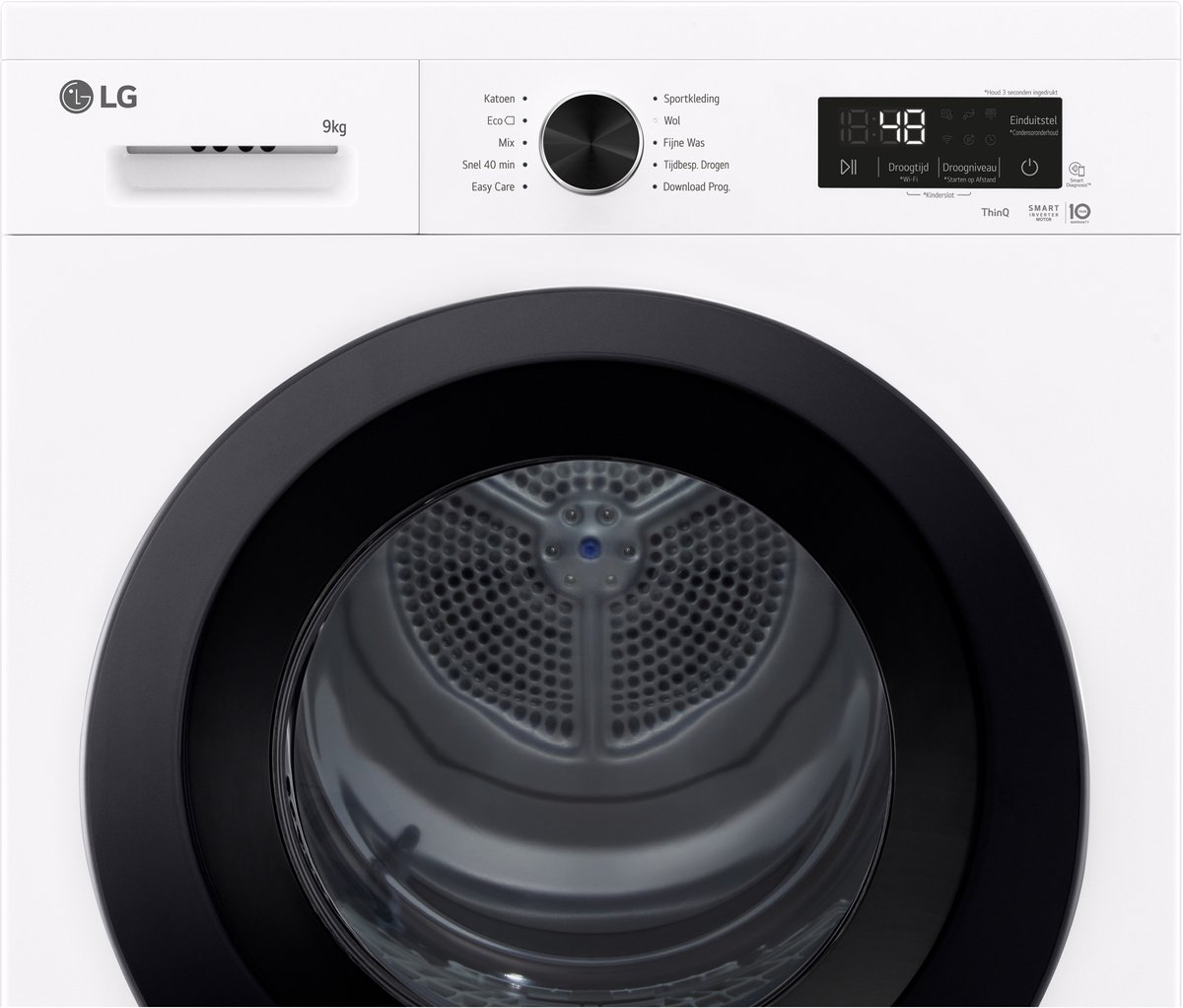 LG RHX1009NWK warmtepompdroger 9 kg met zelfreinigende condensor voor blijvend optimale prestaties, Sensor Dry voor nauwkeurig en zuinig drogen, Dual Lint Filter voor betere pluisopvang, ThinQ slimme bediening en energiezuinige warmtepomptechnologie