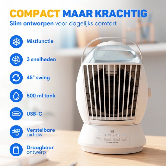 Compacte mini airco met functies zoals mistfunctie, 3 snelheden, 45° swing, 500 ml tank en USB-C aansluiting.