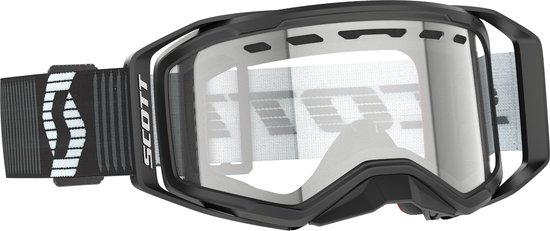 Zwarte Scott motorcrossbril met doorzichtig vizier en wit Scott band.