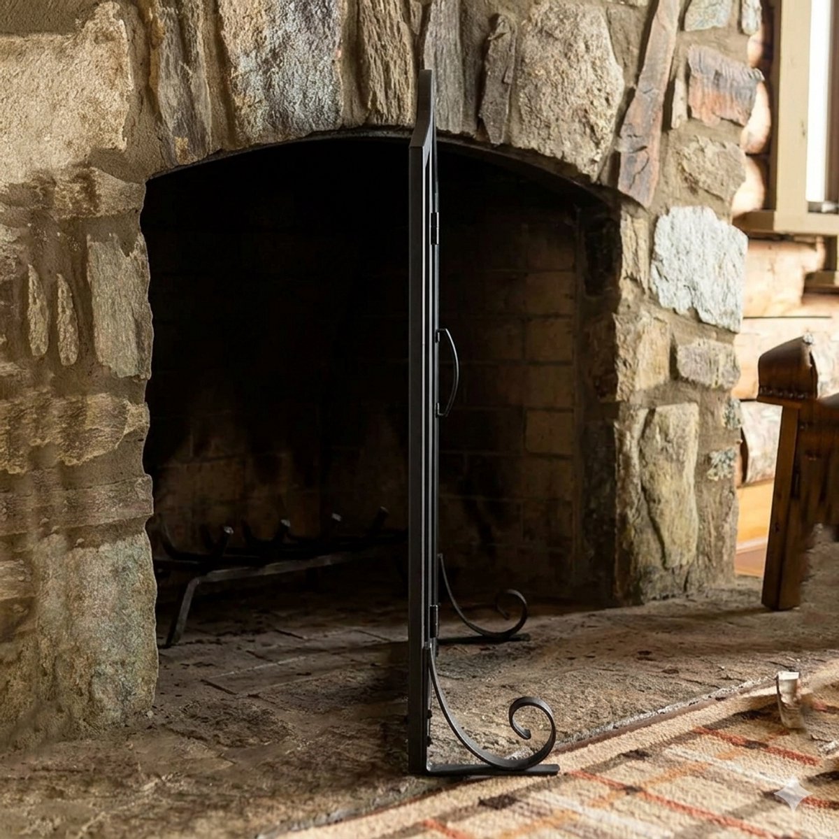 Kaminscherm 97 x 76 cm – Zwart Smeedijzeren Vonkenscherm met Levensboom Design, Dubbele Deur en Metalen Gaas voor Open Haard en Houtkachel – Mobili Bella