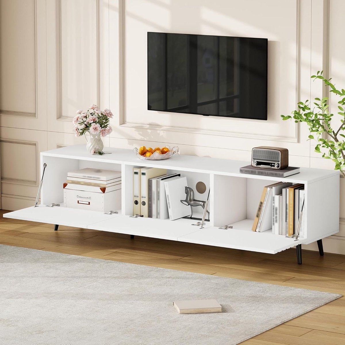 Tv-meubel - Lowboard Kast - Tv Kijken - 3 Klapdeuren - 180x40x48 cm - Wit