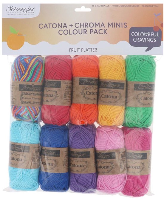 Pack de 10 pelotes de mini-fils Scheepjes Catona + Chroma en diverses couleurs fruitées. Comprend multicolore, rouge, orange, jaune, vert, bleu clair, bleu, violet, rose et fuchsia.