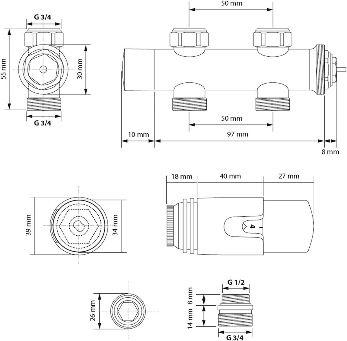 Radiator Aansluitset - Thermostaatregelaar Set - Verwarming Installeren - 50mm Middenaansluiting - Universeel - Chroom