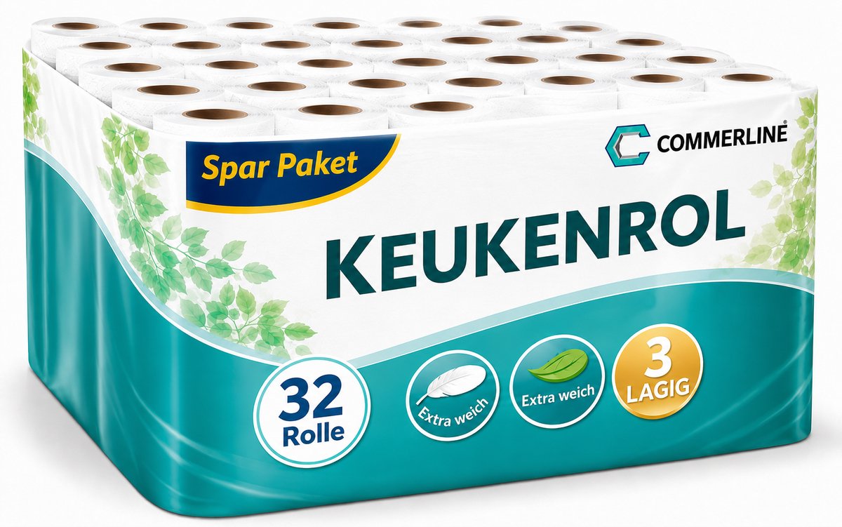 Commerline Keukenpapier – 3-laags – 50 vellen per rol – 32 rollen – 100% cellulose – Extra absorberend en scheurvast