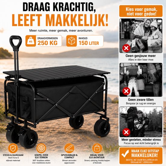 HomeGoodies - Bolderkar - Transportkar - Strandkar - 150L - Opvouwbare bolderwagen met all-terrain wielen - Bekerhouders - Zwart van Homegoodies — afbeelding 4