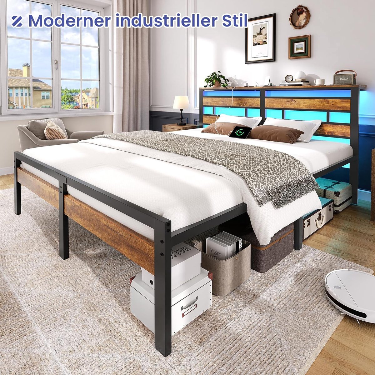 LuminaCharge Luxe LED Bedframe 180 x 200 cm met Oplaadstation, Hoofdbord, Metalen Lattenbodem en Opbergruimte – Industrieel Tweepersoonsbed 180x200 cm