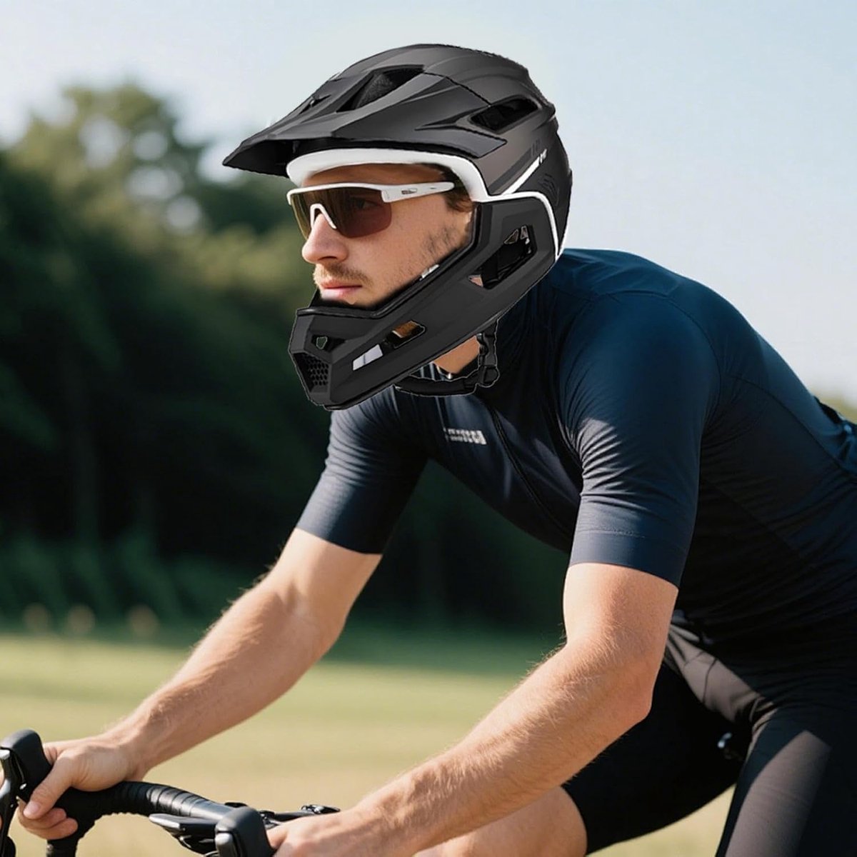 Mountainbikehelm - Fietshelm - Veilig Fietsen - Verwijderbare Kinbescherming - 58-62 cm - Zwart – foto 4