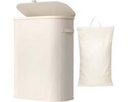 Smalle Wasmand 55L met Deksel – Opvouwbare Wassorteerder met Kunststof Frame – Grote Wasverzamelaar voor Slaapkamer & Badkamer – Wit