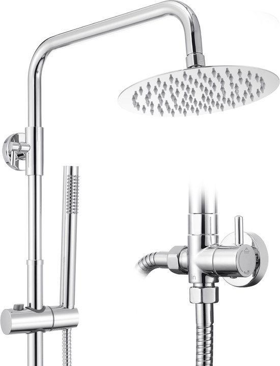 Doucheset met ronde, chroomkleurige regendouchekop, verstelbare handdouche en metalen hendel.