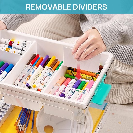 Boîte de rangement - Boîte de bricolage - Boîte de rangement pour fournitures artistiques - Avec tiroir amovible et séparateurs - Boîte de rangement idéale pour livres de coloriage et matériel de bricolage - Transparent