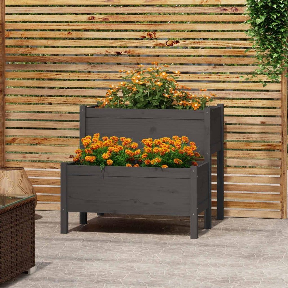 Houten plantenbak - Bloembak verhoogd - Planten kweken - Twee niveaus - 845 cm breed - Grijs
