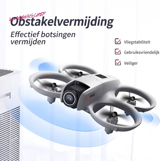 Witte I1 PRO drone met driezijdige obstakelvermijding, getoond naast een luchtreiniger.