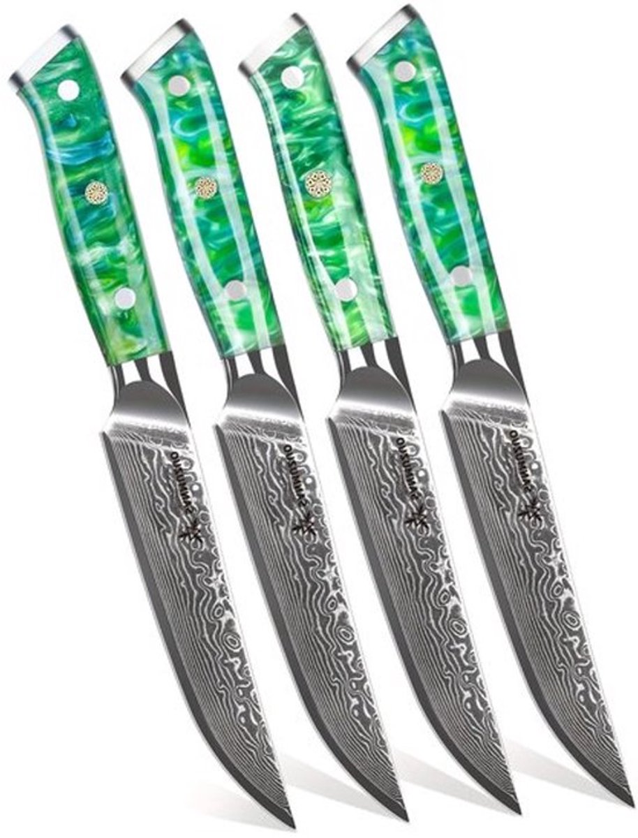 Steakmessen – Vleesmessen – Keukenmessen – Messenset – Vleesmes – Damaststaal – Kunstjade Handvat Groen – 12,7 cm Lemmet – Ultra Scherp Zonder Kartels