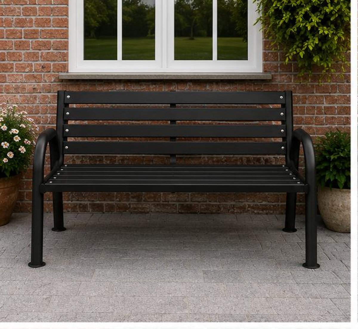 Tuinbank Hout 125 x 40 x 43 cm – Scandinavische Buitenbank met Stalen Frame, Weerbestendige Parkbank voor Tuin, Terras, Balkon en Openbare Ruimtes, 350 kg Draagvermogen, Licht Eiken – Mobili Bella