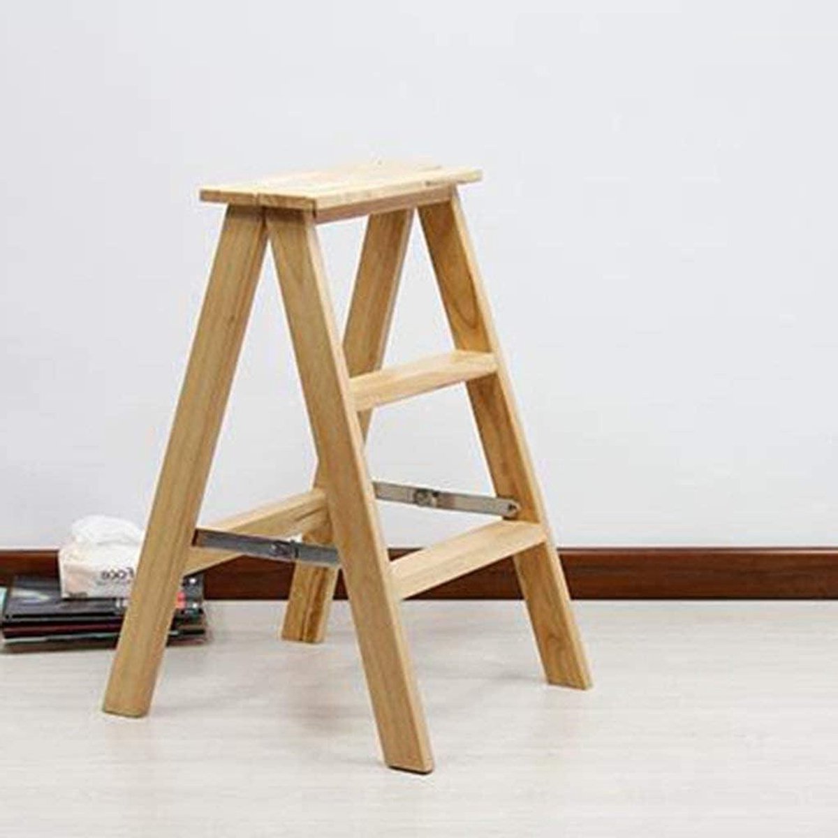 Opstapje Ladderstoel - Opvouwbaar Hout - Reiken en Zitten - Verdikte Massief Hout - Drie Treden - Eikenhout