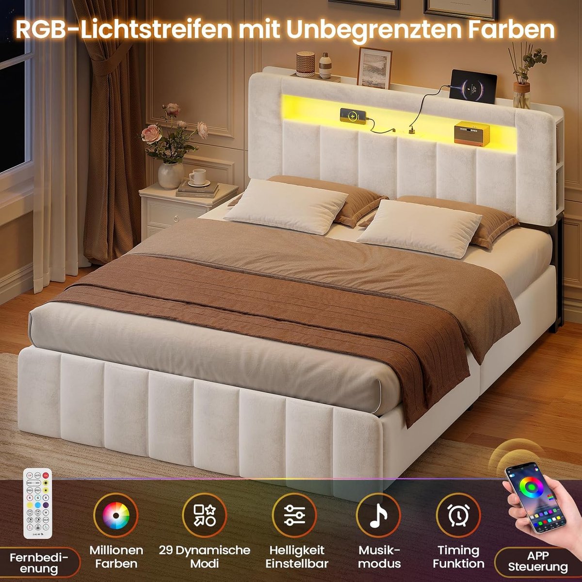 VelvetDream Luxe Opbergbed 140 x 200 cm met Hydraulische Opbergruimte, LED-Verlichting, USB & Type-C Laadstation – Gestoffeerd Fluwelen Tweepersoonsbed met Hoofdbord en Lattenbodem – Beige – 140 x 200 cm