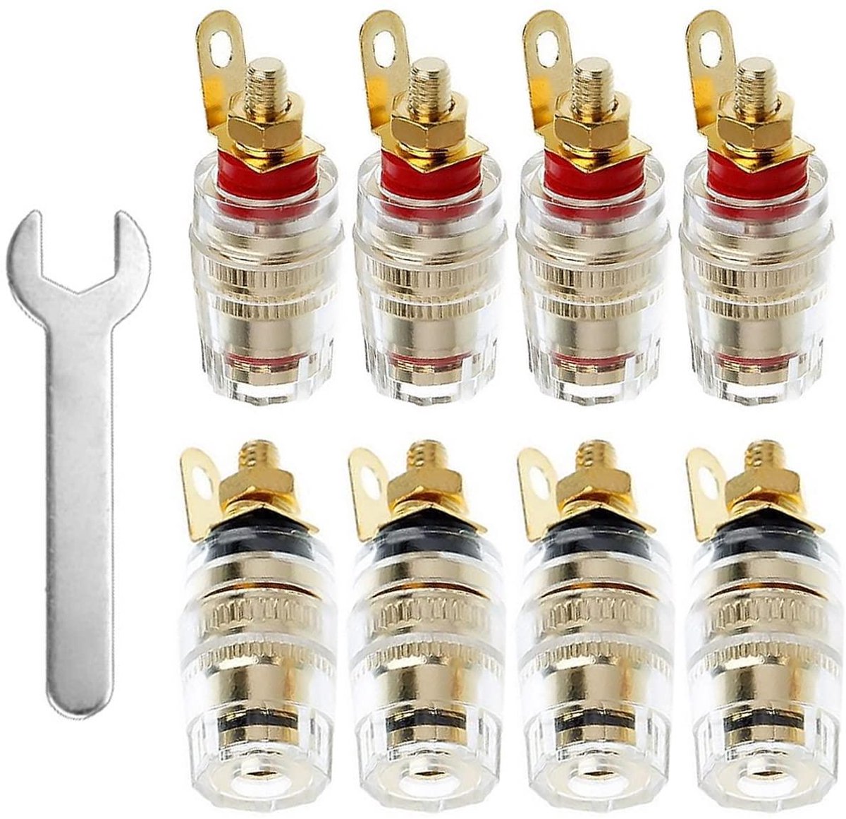 Banaanplug Sokkel - Versterker Connector - Audio Aansluitingen - Vergulde Koperen Contacten - 8 Stuks - Zwart/Rood